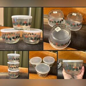 New Crate & Barrel Holly Leaf Lidded Bowls 16.5 oz Lot of 3 Christmas Tupperware